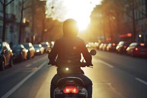ai genererad en man rider en motorcykel i stad trafik, se från de tillbaka, närbild foto