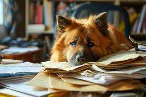 ai genererad hund i ett kontor, överväldigad förbi en bergen av pappersarbete foto