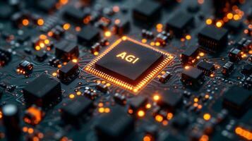 ai genererad agi - artificiell allmän intelligens - mikrochip på svart krets styrelse med orange glöd foto