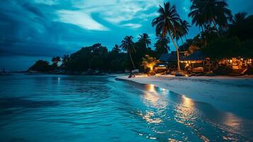 ai genererad tropisk strand se på molnig stormig natt med vit sand, turkos vatten och handflatan träd, neuralt nätverk genererad bild foto