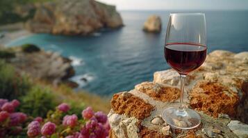 ai genererad en glas av röd vin på en sten vägg, hav bakgrund, realistisk, selektiv fokus. foto