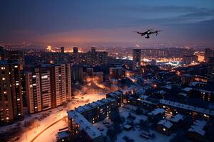 ai genererad flygande Drönare ovan de stad på snöig vinter- natt foto