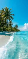 ai genererad tropisk strand se på solig dag med vit sand, turkos vatten och handflatan träd, neuralt nätverk genererad bild foto