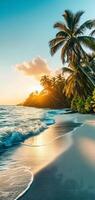 ai genererad tropisk strand se på solnedgång eller soluppgång med vit sand, turkos vatten och handflatan träd foto