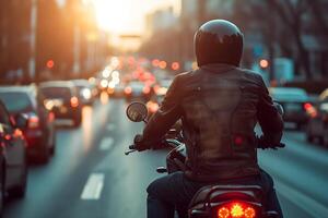 ai genererad en man rider en motorcykel i stad trafik, se från de tillbaka, närbild foto