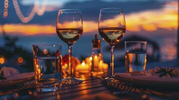ai genererad havet lugn, en romantisk solnedgång middag för två, fira sommar kärlek och valentines dag foto