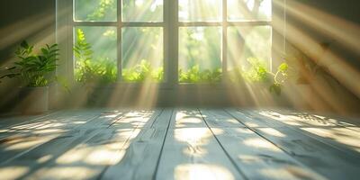 ai genererad Sol lyser in i de rum genom de glas dörrar från en grön trädgård med växter foto