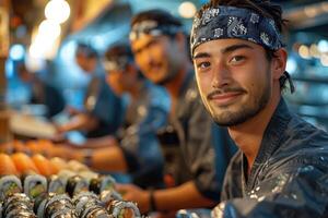 ai genererad stilig asiatisk man framställning sushi rulla på japansk restaurang foto