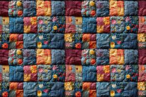 ai genererad sömlös textil- bakgrund, färgrik patchwork täcke tillverkad från bitar av tyg foto