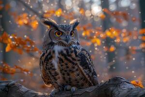 ai genererad eurasian Örn uggla bubo bubo Sammanträde på en gren i de höst skog. skön Uggla. foto