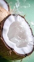 ai genererad stänga upp fotografi med halv av kokos och vatten stänk. minimalistisk studio skott ai generation foto
