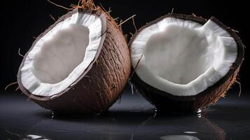 ai genererad stänga upp fotografi av knäckt kokos på de mörk bakgrund. mörk studio skott ai generation foto