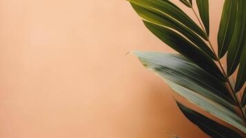 ai genererad stor tropisk blad på de orange minimalistisk bakgrund med kopia Plats. ai genererad Foto mall med botanisk gräns