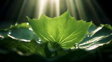 ai genererad en ung växt med hjärtformade löv glittrar under de Sol, symboliserar hoppas och förnyelse, med dagg droppar highlighting dess färsk tillväxt foto