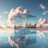 ai genererad abstrakt scen med glas kub och moln på blå himmel reflekterad i vatten foto