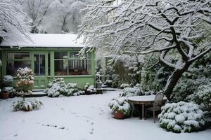 ai genererad skön vinter- landskap med snötäckt träd och en trä- hus foto
