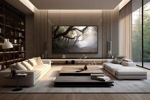 ai genererad modern levande rum interiör design med TV uppsättning på vägg foto