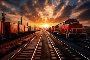 ai genererad frakt tåg på solnedgång. frakt transport. 3d tolkning foto