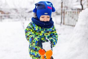 liten barn spelar med snöbollar utomhus- i de parkera foto