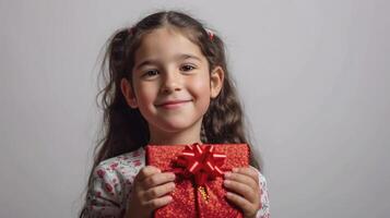 ai genererad en leende ung flicka innehav röd gåva låda isolerat på vit bakgrund, foto