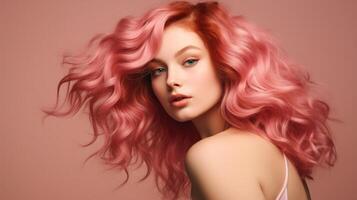 ai genererad underbar kvinna med skön vågig rosa hår på en beige bakgrund med kopia Plats, foto