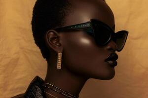ai genererad närbild av en porträtt av en glamorös afrikansk kvinna modell i svart glasögon foto