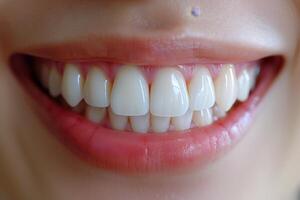 ai genererad skön bred leende av en ung färsk kvinna med vit friska tänder foto
