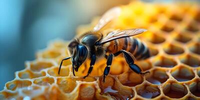 ai genererad honung bi arbetssätt på vaxkaka. närbild baner, vår och sommar bakgrund. biodling, vilda djur och växter och ekologi begrepp. foto