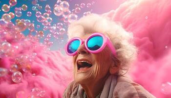 ai genererad ett äldre kvinna i solglasögon utseende på flygande tvål bubblor. foto