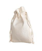 eco textil- väska mockup. naturlig eco tyg Linné bomull säck med strängar isolerat på vit foto