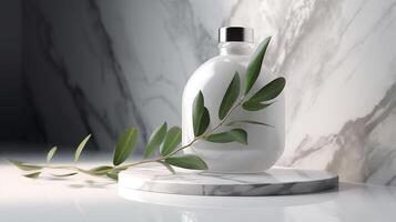 ai genererad realistisk vit flaska med eukalyptus växt foto