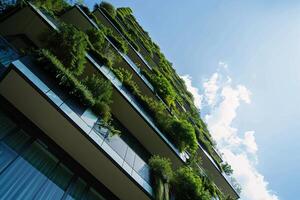 ai genererad hållbar grön byggnad. miljövänlig byggnad. hållbar glas kontor byggnad med träd för minska kol dioxid. kontor med grön miljö. företags- byggnad minska co2. foto