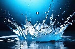 ai genererad vatten stänk i krona form över aqua yta. blå rena flytande foto