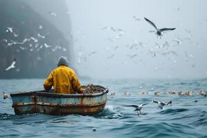 ai genererad små båt fiskare på hav med seagulls foto