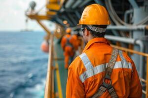 ai genererad grupp av olja rigg arbetare klädd i skyddande redskap, i samarbete felsökning en bit av maskineri på de däck av ett offshore olja rigg foto