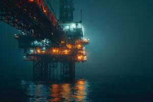 ai genererad olja plattform i de hav på natt. 3d framställa. begrepp av olja och gas industri foto