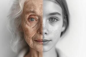 ai genererad de ansikte av en ung flicka och ett äldre kvinna med rynkor. de begrepp av åldring och hud vård foto