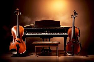 ai genererad musik trio instrument med piano, fiol och cello med brun och belysning bakgrund foto