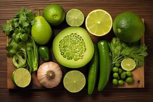 ai genererad platt lägga friska vegetarian vegan mat Ingredienser grön Färg vegan mat rena äter urval. organisk rå mat begrepp på trä bakgrund topp ögon se foto