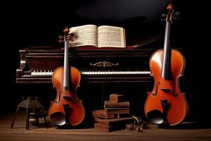 ai genererad musik trio instrument med piano årgång stil, fiol och cello dekorerad med böcker med svart bakgrund foto
