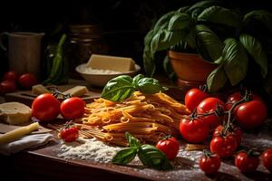 ai genererad italiensk mat Ingredienser för spaghetti bolognese med ost, tomat och basilika organisk rå mat begrepp på trä bakgrund foto