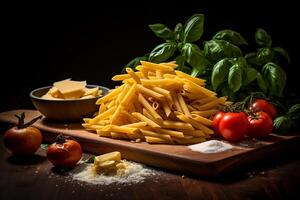 ai genererad italiensk mat Ingredienser för penne bolognese förberedelse organisk rå mat begrepp på trä skärande styrelse foto