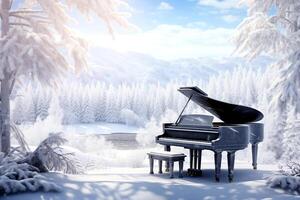 ai genererad de stor piano på de snö i vinter- säsong med snö skog bakgrund, de begrepp en låt handla om vinter, musik i vinter- foto
