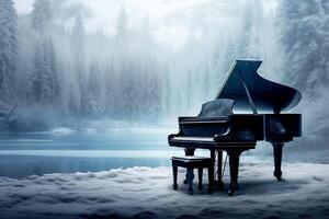 ai genererad de stor piano på de snö i vinter- säsong med snö skog bakgrund, de begrepp en låt handla om vinter, musik i vinter- foto