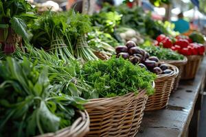 ai genererad grönsaker och örter i trä- lådor på de vegetabiliska marknadsföra. friska näring begrepp. genererad förbi artificiell intelligens foto