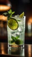 ai genererad glas av mojito cocktail dekorerad med kalk på bar disken, suddig lynnig mörk bakgrund, selektiv fokus foto