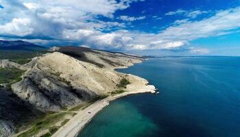 ai genererad skön havsstrand landskap med landa massor och oceanisk se under en ljus blå himmel foto