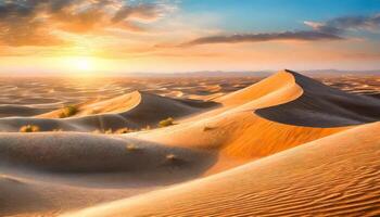 ai genererad omfattande sandig öken- sanddyner med ljus solnedgång foto
