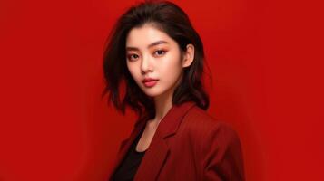 ai genererad asiatisk kvinna i företag kostym med röd bakgrund, ai foto