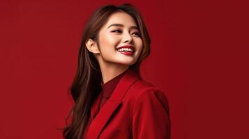 ai genererad asiatisk kvinna i företag kostym med röd bakgrund, ai foto